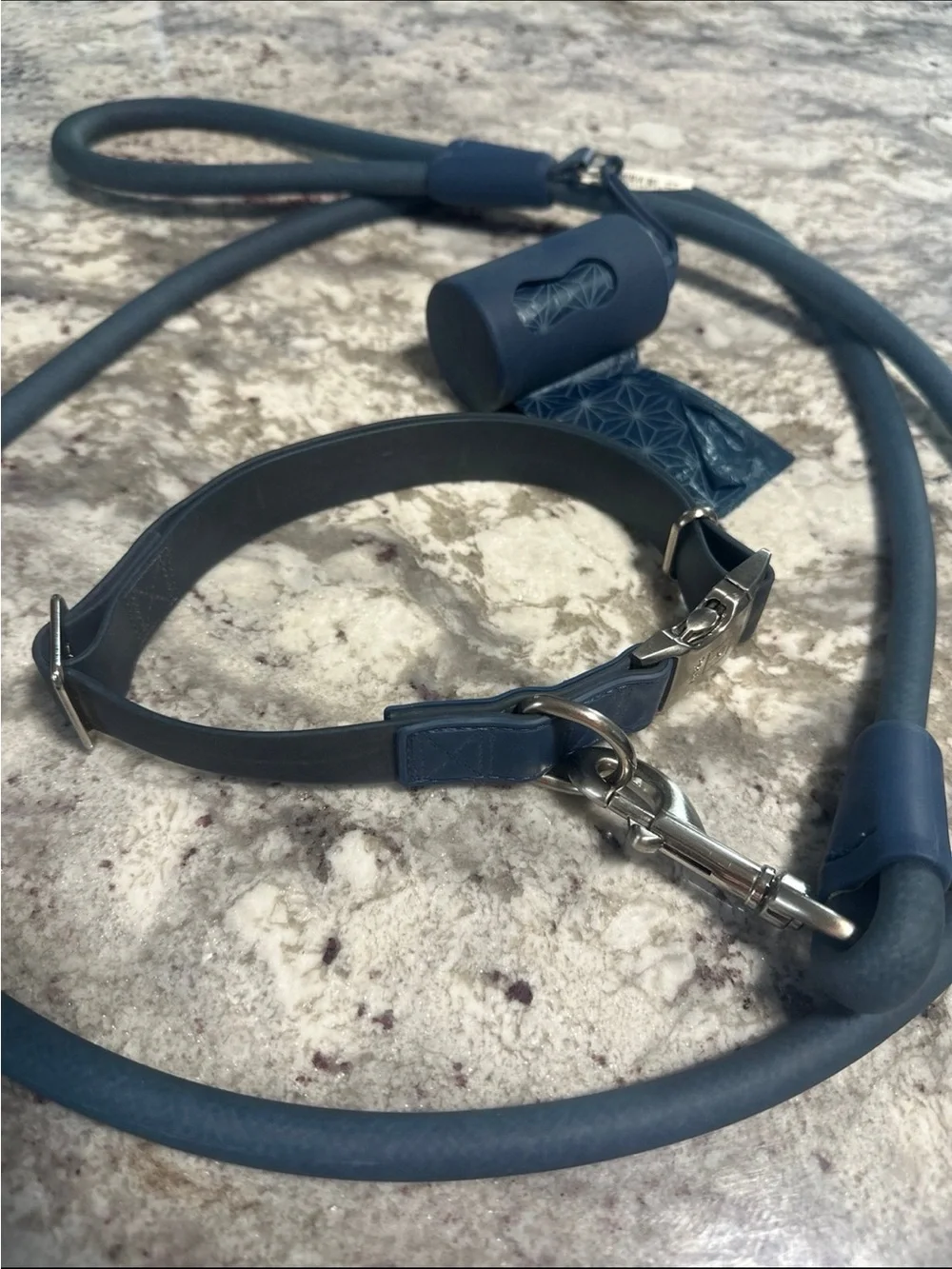 Large Blue Waterproof Dog Collar, Leash, Poop Bag Holder Set